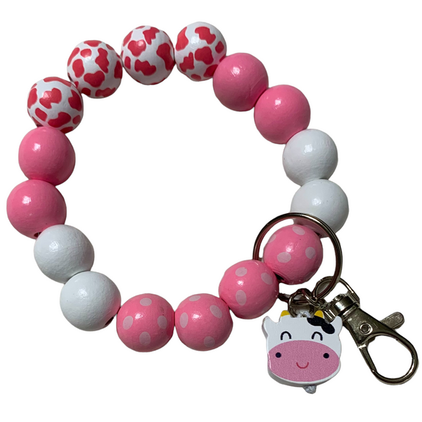Keychain Wristlet w/ Cow Charm Wood beads